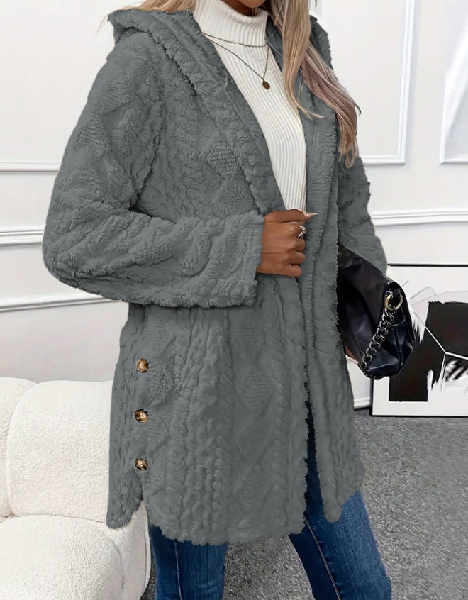 Kochmode Strickjacke Fleece Kapuze Bequem Mittellang
