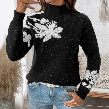 Damen Pullover Blumenmuster Hochkragen Elegant - IdealeKleiden