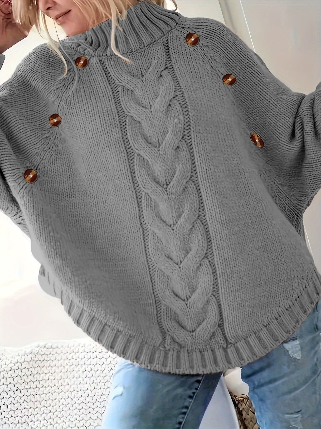 Damen Pullover Grobstrick Hochkragen Elegant