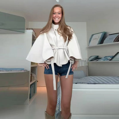 Damen Umhangjacke Elegant Bindegürtel Hochschloss