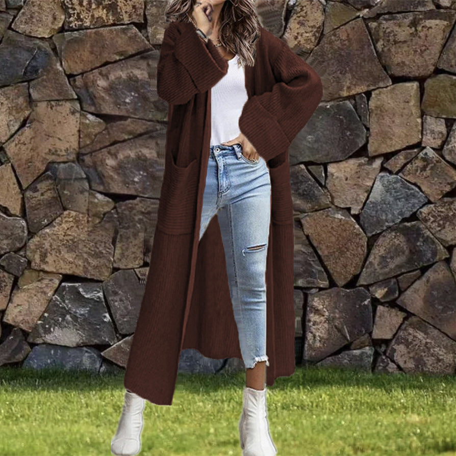 Damen Oversized Strickmantel mit Taschen und Asymmetrischen Schultern