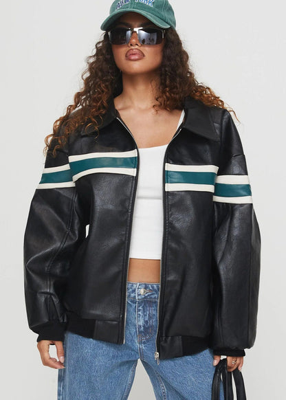 Stylische Bomberjacke Kunstleder Schwarz
