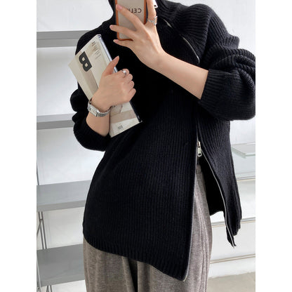 Übergröße Strickpullover Wollmix Hochkragen Reißverschluss