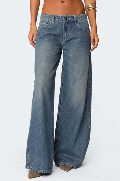 Damen Hochtaillen Jeans Weite Bein Komfort