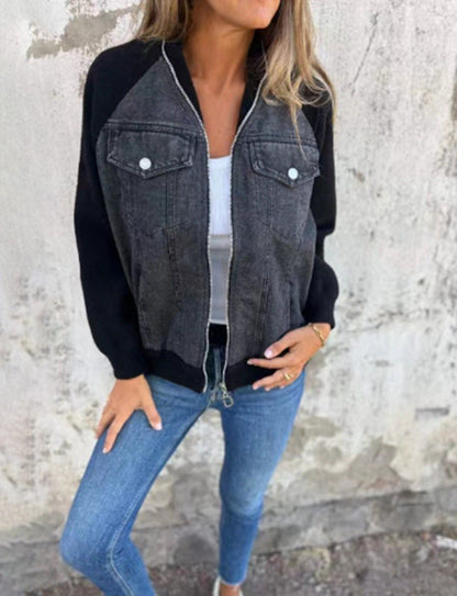 Damen Sweaterjacke Denim Style Fleece Ärmel