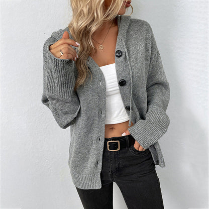 Damen Strickjacke Kapuze Knopf Vintage Stil