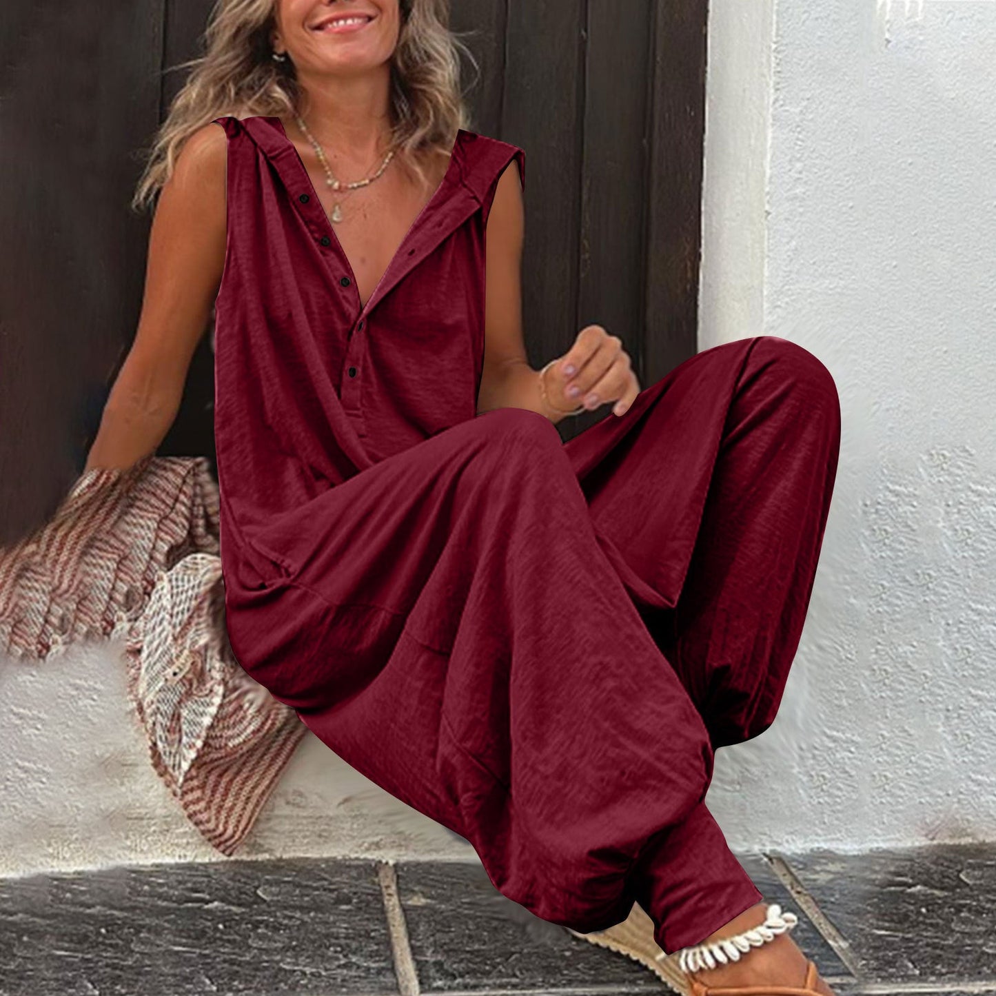 Damen Jumpsuit Casual Kapuze Knopfverschluss