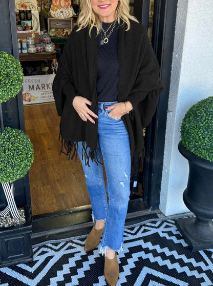 Damen Poncho Mit Fransen Elegant Überwurf