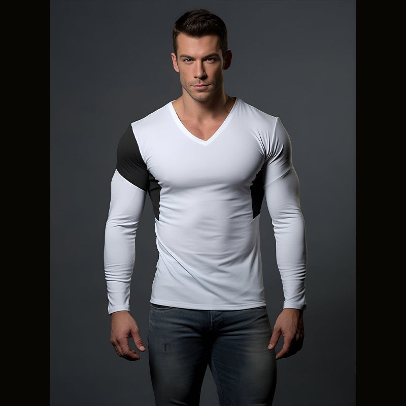 Herren Langarmshirt Modern V-Ausschnitt Farbblock - IdealeKleiden