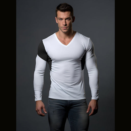 Herren Langarmshirt Modern V-Ausschnitt Farbblock - IdealeKleiden