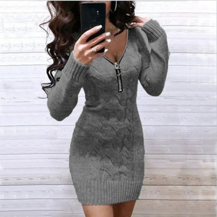 Damen Strickkleid mit Reißverschluss und Zopfmuster