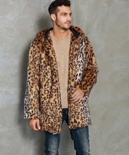 Herren Kunstpelz Mantel Elegant Kapuze Schick
