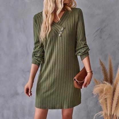 Elegantes Damen Röhrenkleid mit V-Ausschnitt und Dekorationsknöpfen - IdealeKleiden