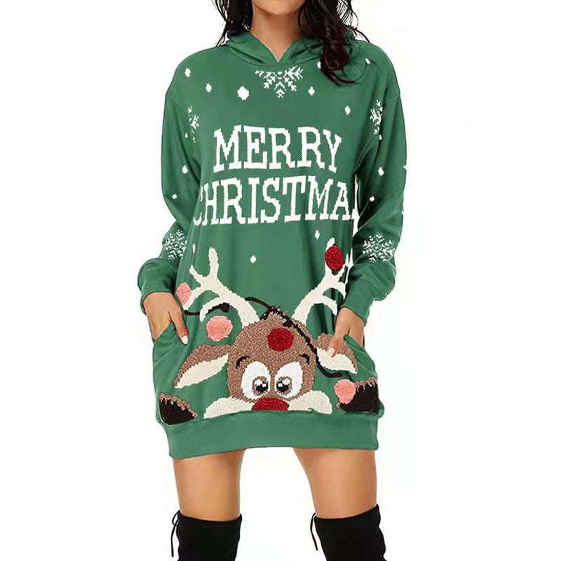 Weihnachtliches Damenkleid Hoodie-Style mit Kapuze