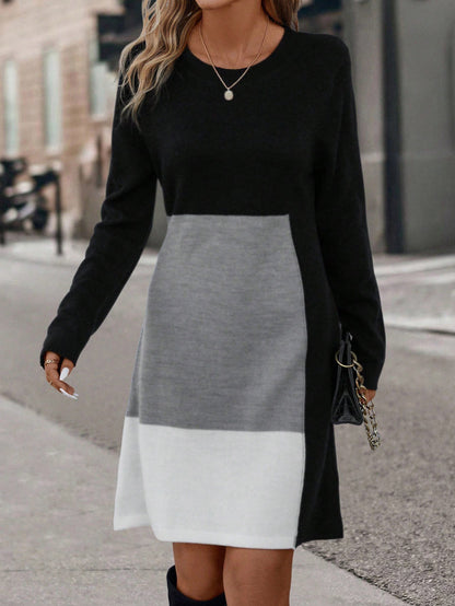 Damen Strickkleid Modern Farbblock Look