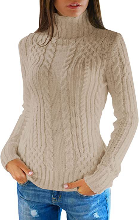 Damen Strickpullover Hochkragen Zopf Muster Elegante Kleidung