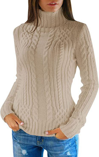 Damen Strickpullover Hochkragen Zopf Muster Elegante Kleidung