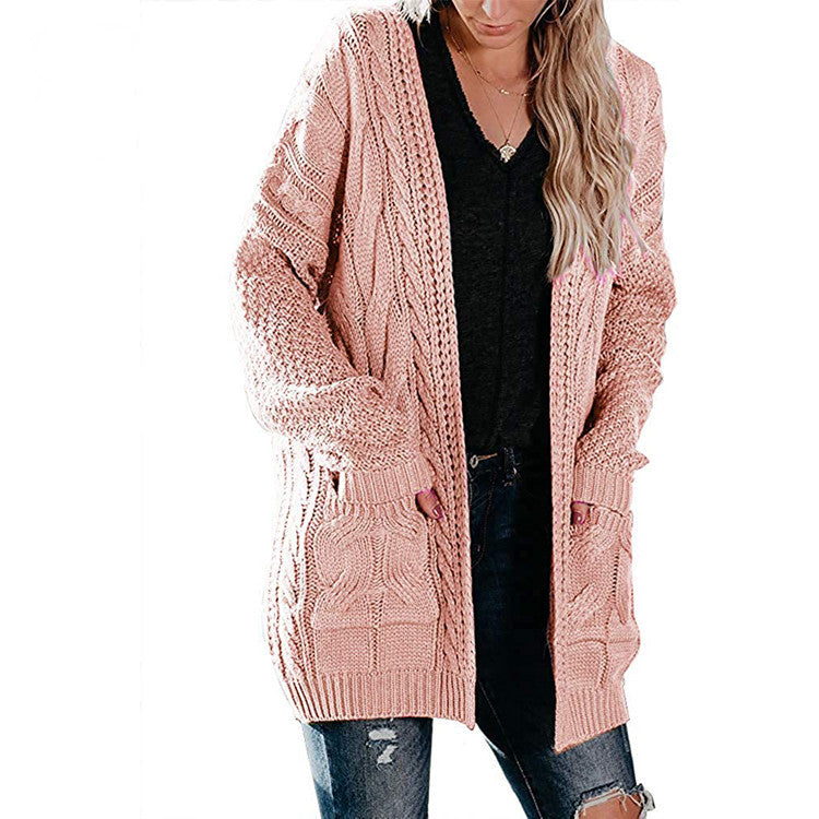 Damen Cardigan Grobstrick mit tiefen Taschen und Zopf Muster