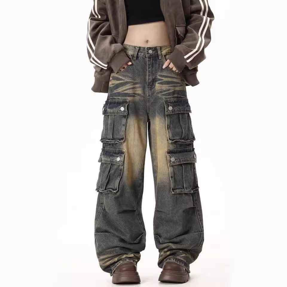 Damen Cargo-Jeans Bequem Weite Bein Seitentaschen - IdealeKleiden