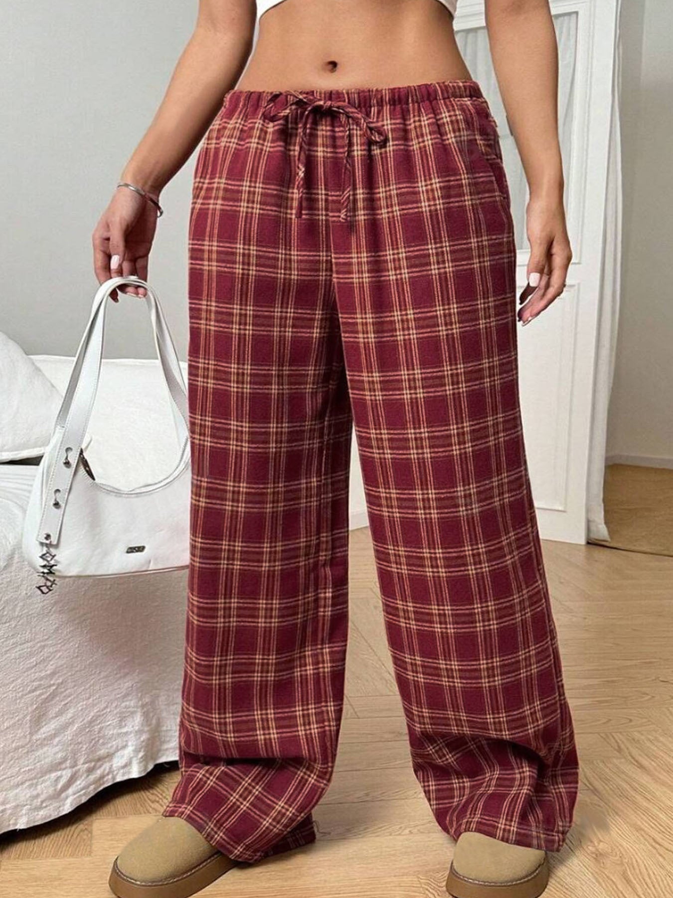 Damenweite Karohose Bequem Elastisch Mit Taschen