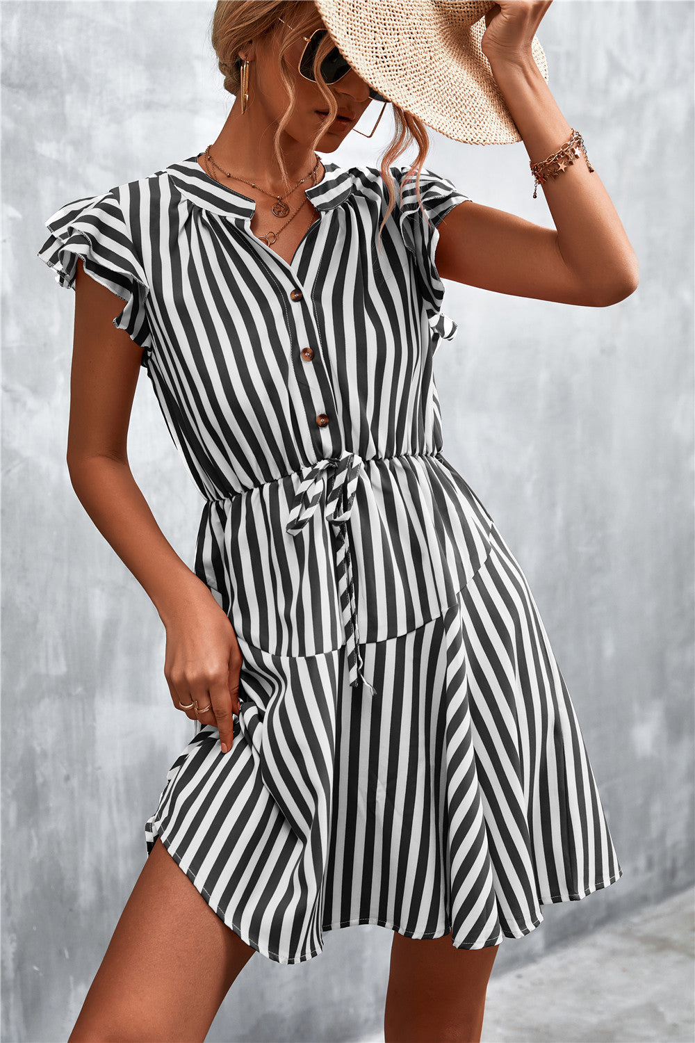 Damen Sommerkleid Streifenmuster Elegant Rüschen