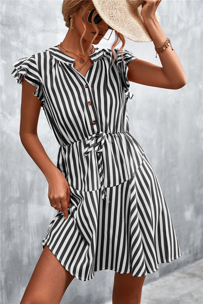 Damen Sommerkleid Streifenmuster Elegant Rüschen