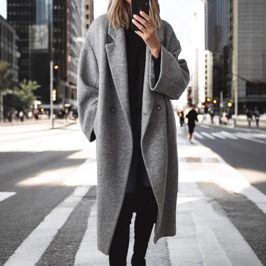 Damen Oversized Wollmantel Elegant Schnitt Große Taschen