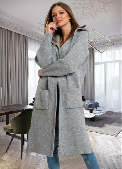 Damen Strickmantel Warm Kapuze Große Taschen