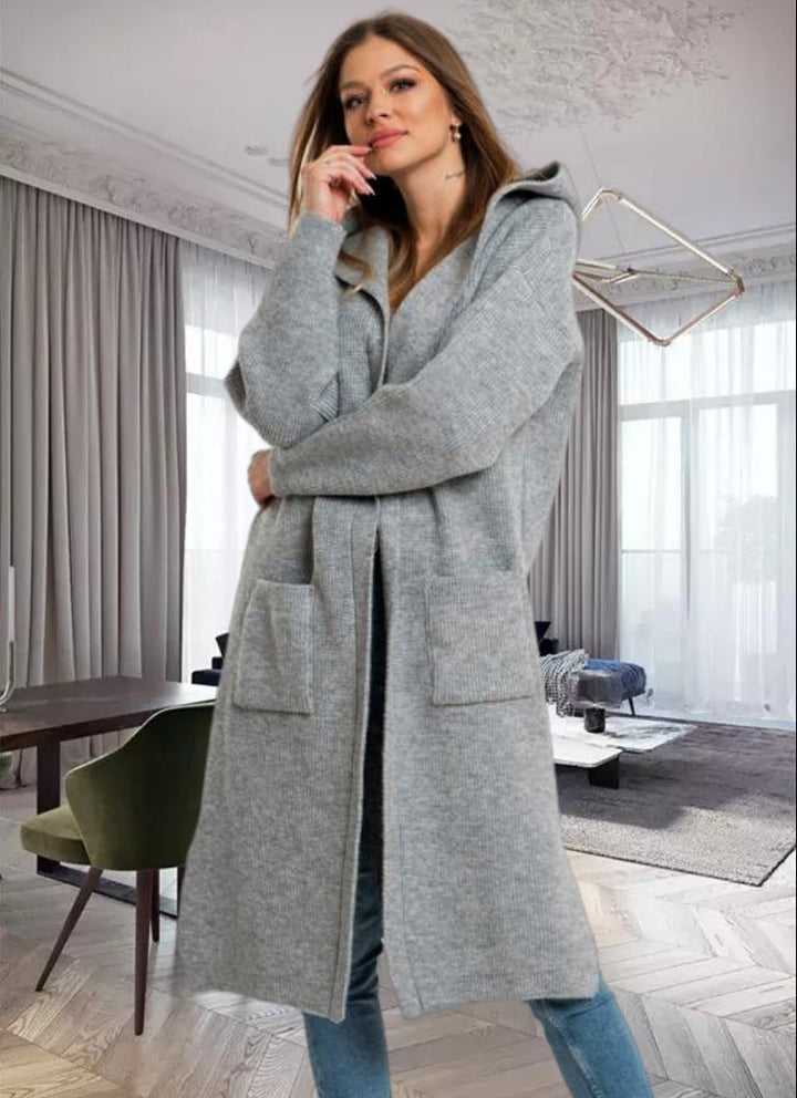 Damen Strickmantel Warm Kapuze Große Taschen