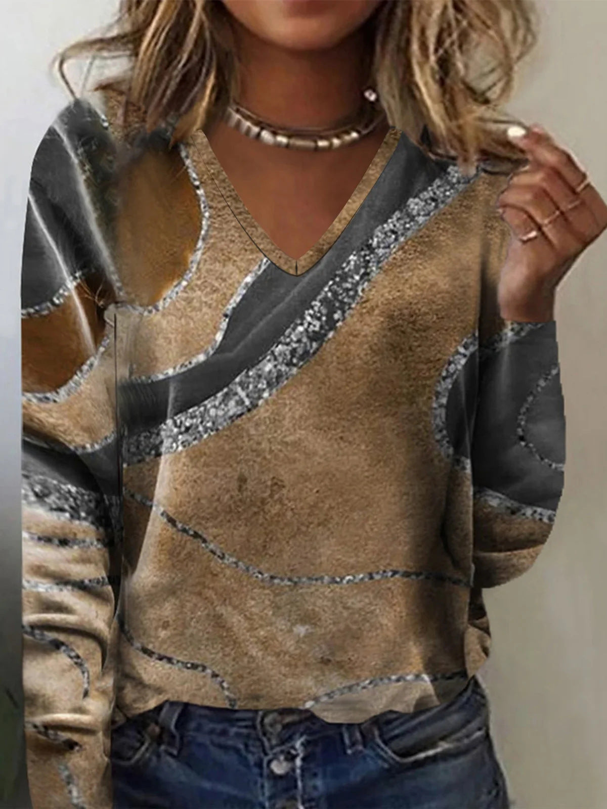 Damen Langarmshirt V-Ausschnitt Wellenmuster Modern Style