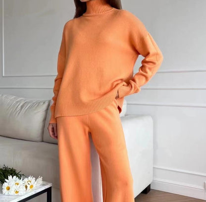 Damen Strickoutfit Hochkragen Weite Bein