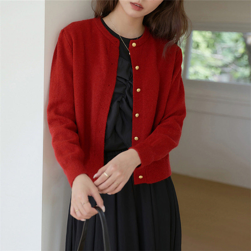 Retro Strickjacke Damen Rundhals Goldknöpfe