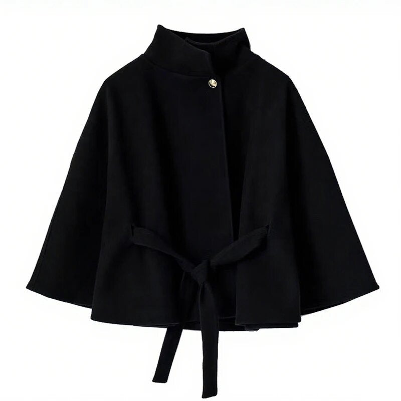 Damen Umhangjacke Elegant Bindegürtel Hochschloss