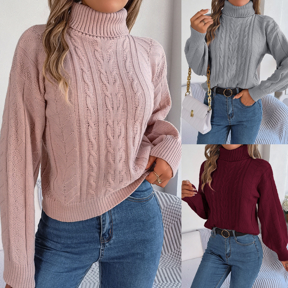 Damen Strickpullover Stehkragen Zopf Muster - IdealeKleiden