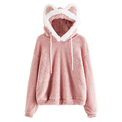 Damen Hoodie Kuschelig Katzengesicht Süß