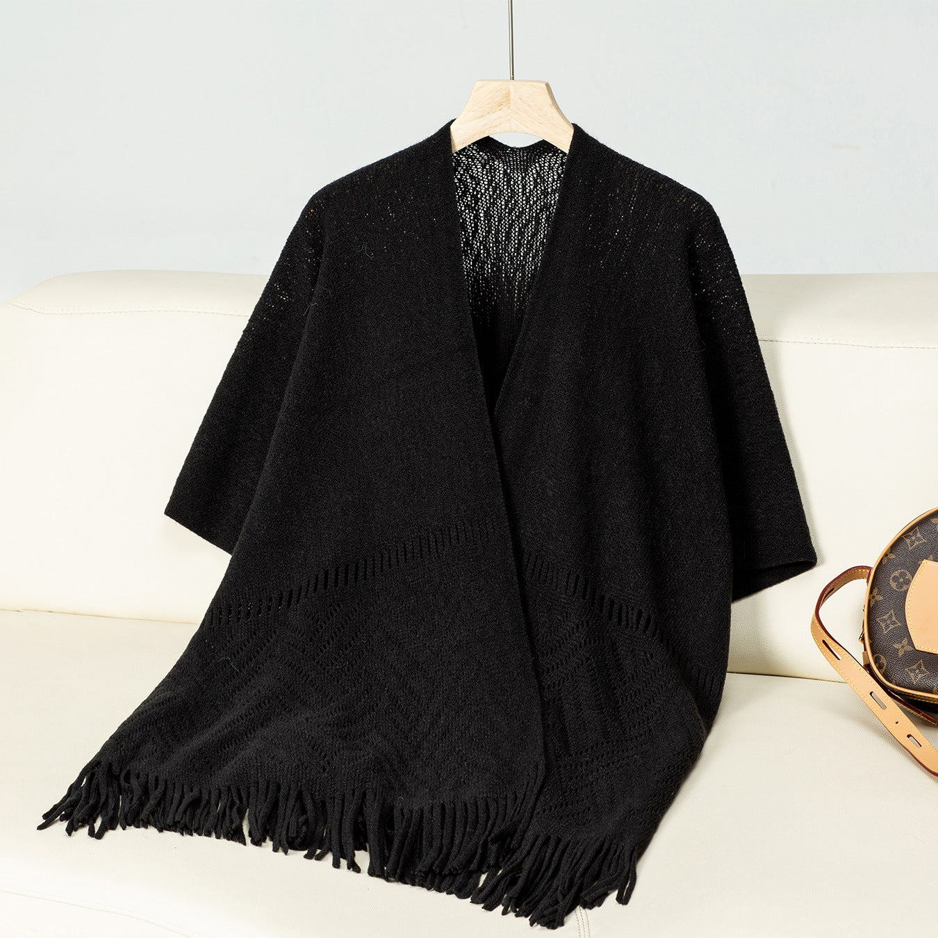 Damen Strickponcho Elegantes Design Fransen Muster