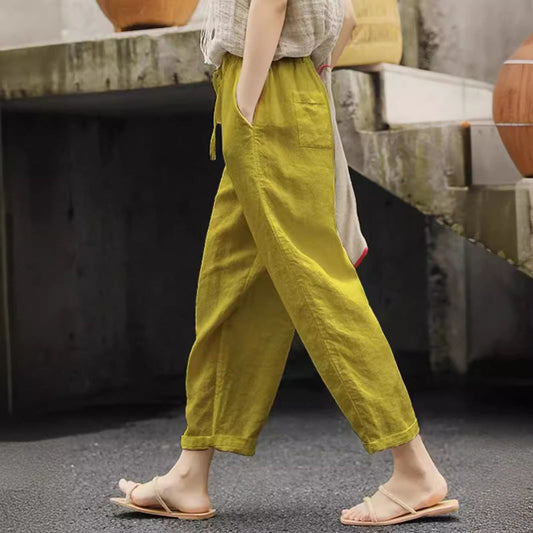 Damen Leinenhose Bequem Elastisch mit Taschen - IdealeKleiden