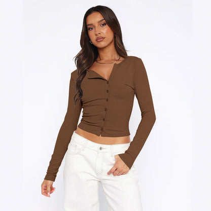 Damen Langarmshirt Figurbetont Elegant Knöpfe