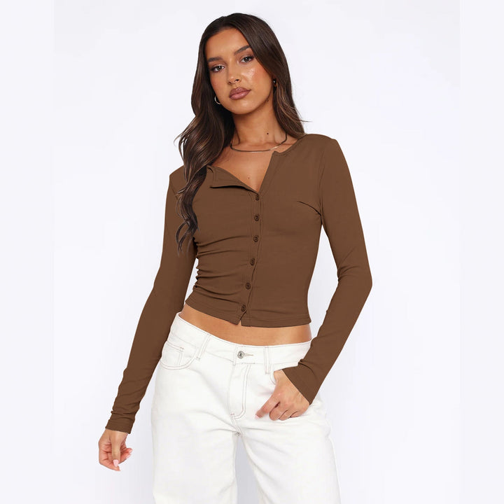 Damen Langarmshirt Figurbetont Elegant Knöpfe