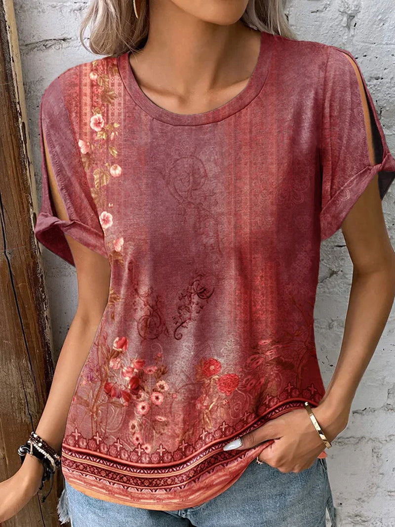 Frauen T-Shirt Blumenmuster Offene Ärmel Sommerstyle