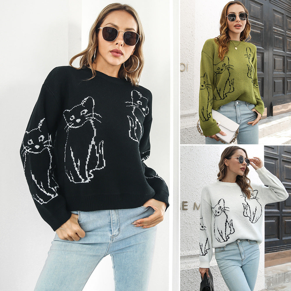 Damen Pullover Katzenmuster Lässig und Bequem - IdealeKleiden