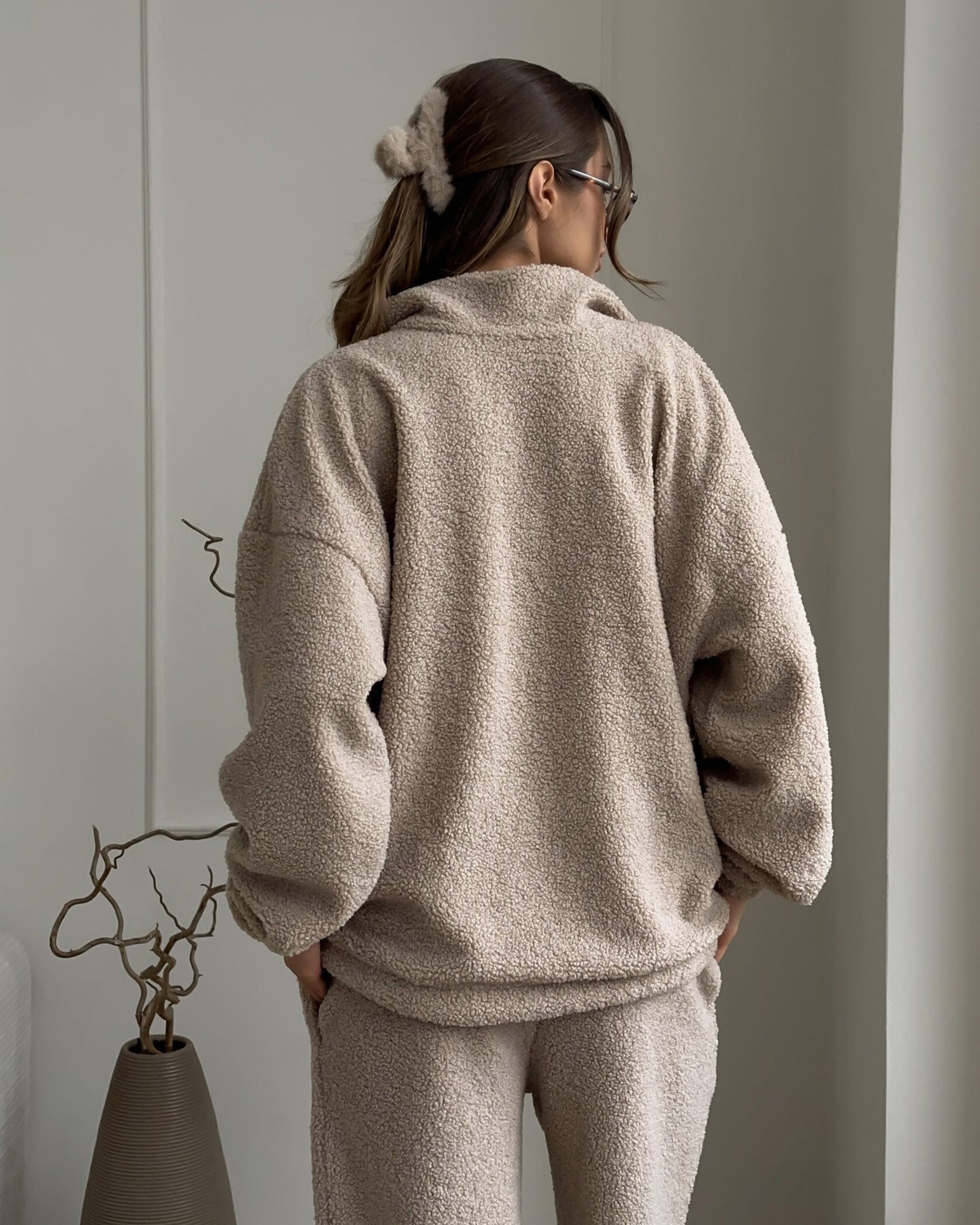 Warmes Fleece Outfit Set Strickjacke und Hose - IdealeKleiden