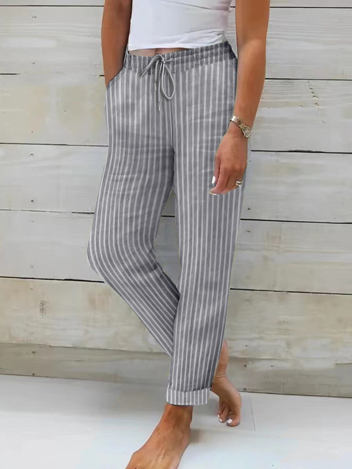 Damen Bequeme Baumwollhose Streifenmuster Flexibler Bund