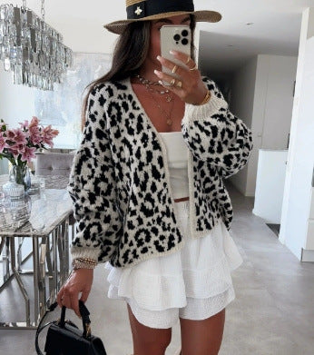 Damen Strickjacke Leopardenmuster Trendy Style
