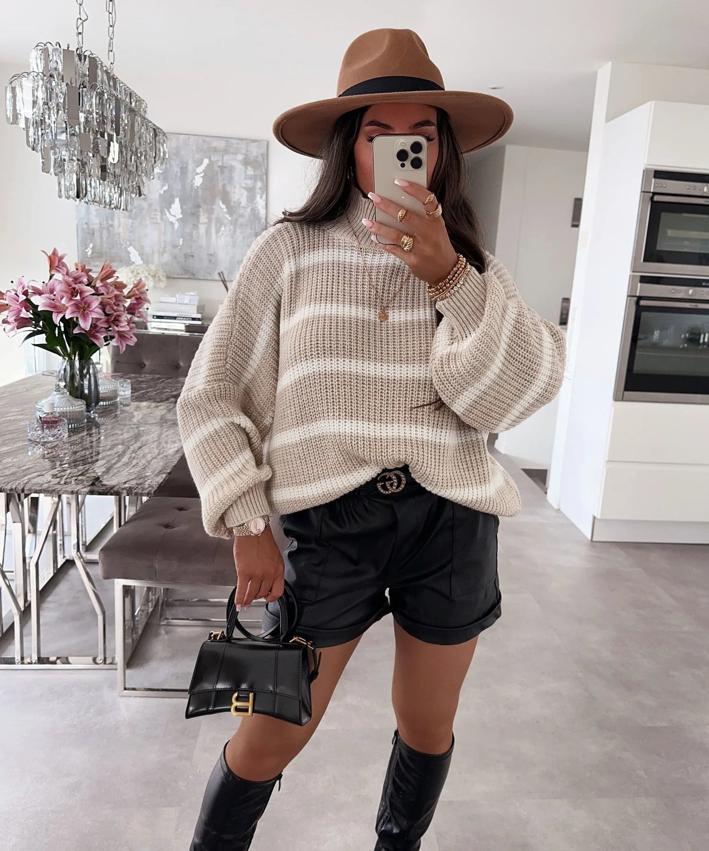 Damen Oversized Pullover Streifen Rollkragen Modern