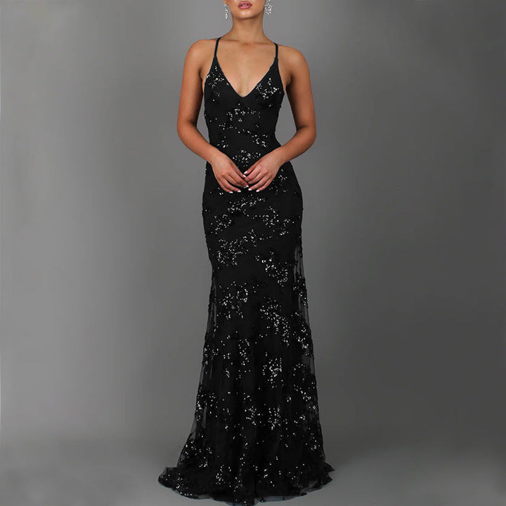 Glamouröses Abendkleid Damen Lange Paillettenkleid V-Ausschnitt