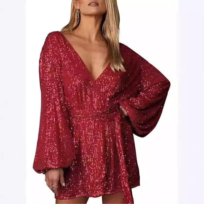 Damen Abendkleid Glitzer V-Ausschnitt Elegant
