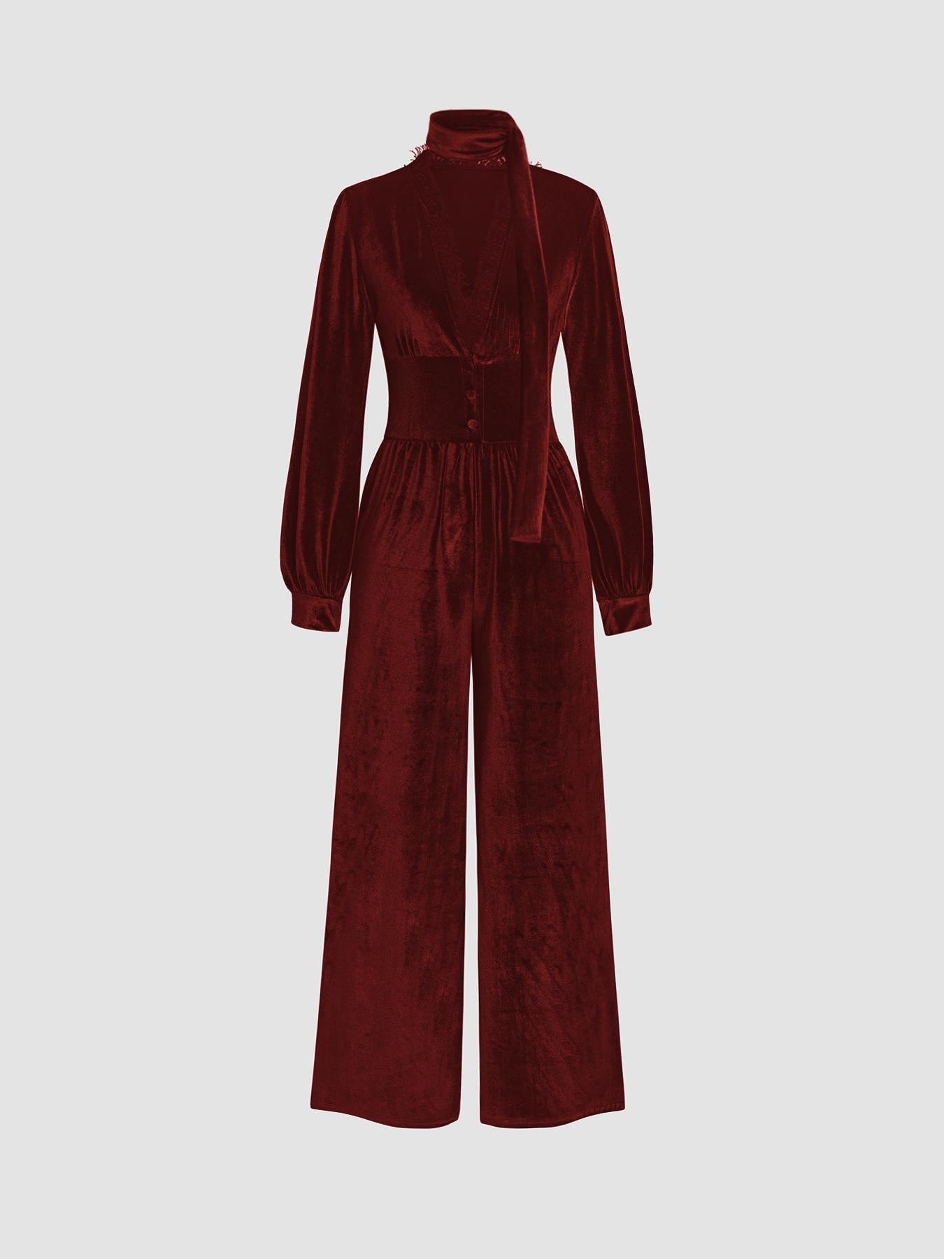 Damen Samt-Jumpsuit Elegant Schick Kragen Weite Bein