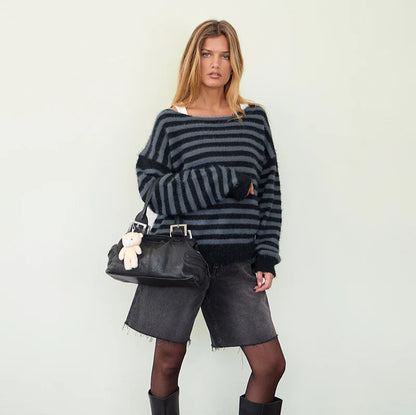 Damen Pullover Gestreift Lockere Passform Modern - IdealeKleiden