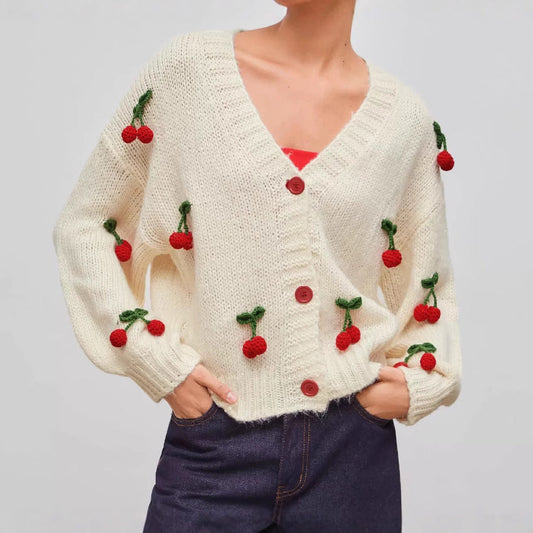 Frauen Strickcardigan Süß mit Kirsch Motiv - IdealeKleiden